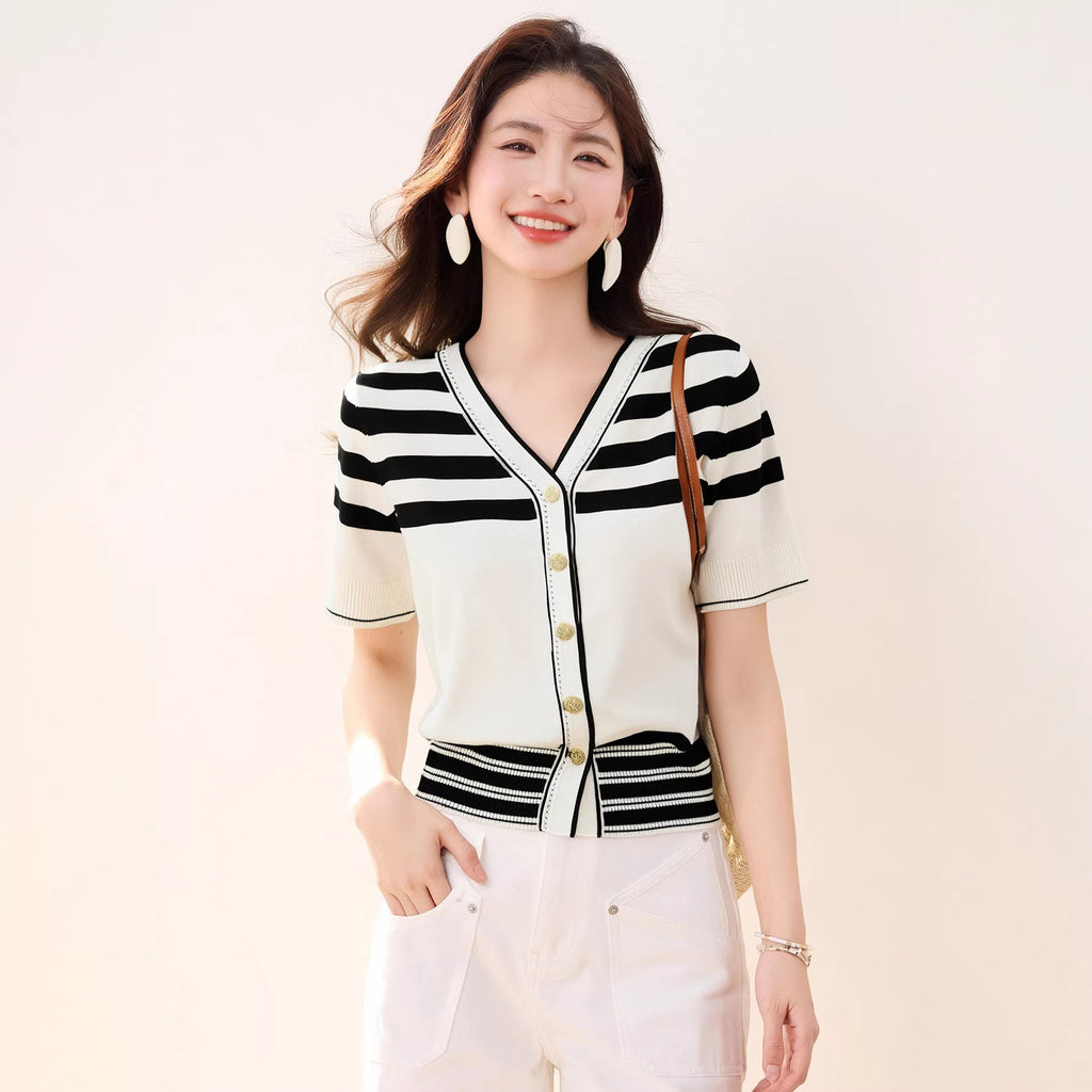 Chic Stripe Women's Long Sleeve V-Neck Buttoned Knit Cardigan Casual Style