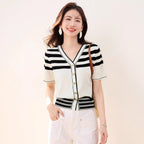 Chic Stripe Women's Long Sleeve V-Neck Buttoned Knit Cardigan Casual Style