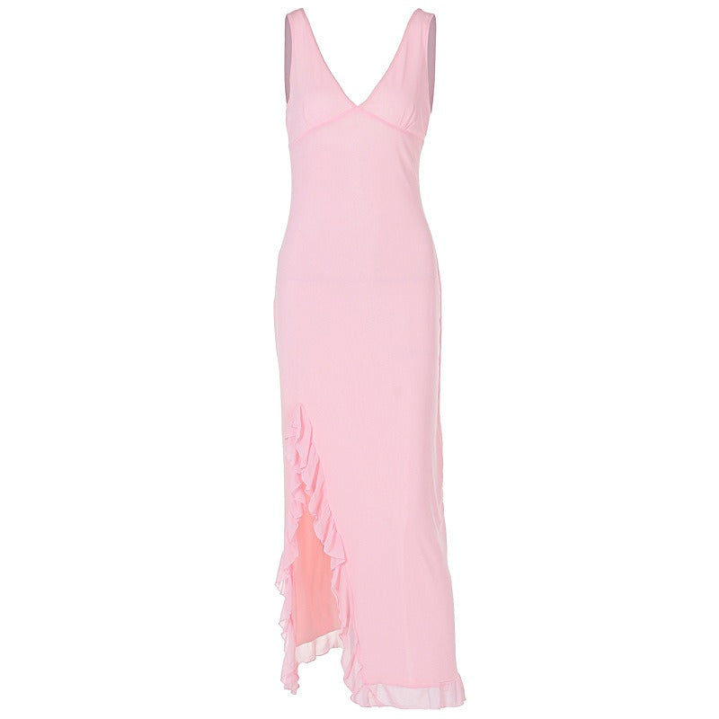 Fashionable V-neck sleeveless black fungus edge slit backless dress