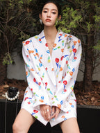 Runway Designer Women Loose Blazers White Hit Color Flower Printed Crystal Buttons Femme Jacket Large Size Outfit