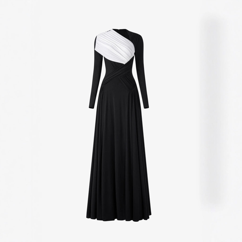 Pleated Long Sleeve Maxi Dress with Unique Design, Floor-Length Formal Gown
