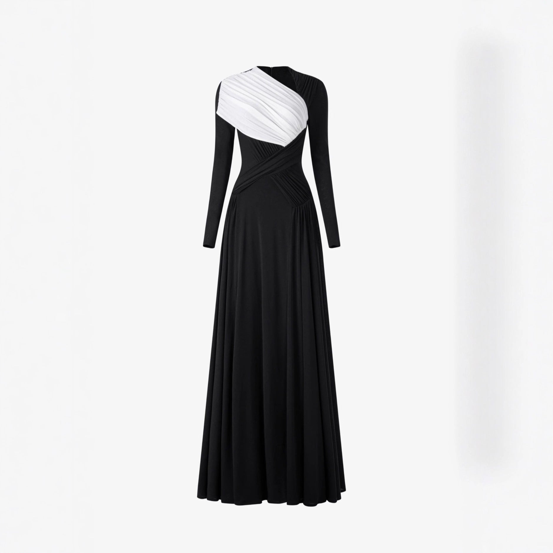 Pleated Long Sleeve Maxi Dress with Unique Design, Floor-Length Formal Gown