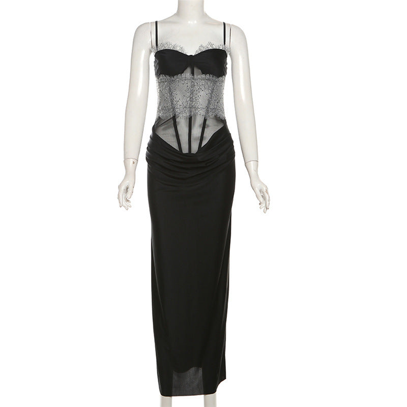 Elegant Chiffon Off-Shoulder Bodycon Dress with Ruffle Detail and Color-Blocking Design