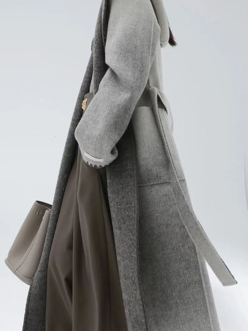 Fashion Women's Woolen Coat Hooded Buttonless Lace-up Straight Two-sided Gradient Mid-calf Overcoat