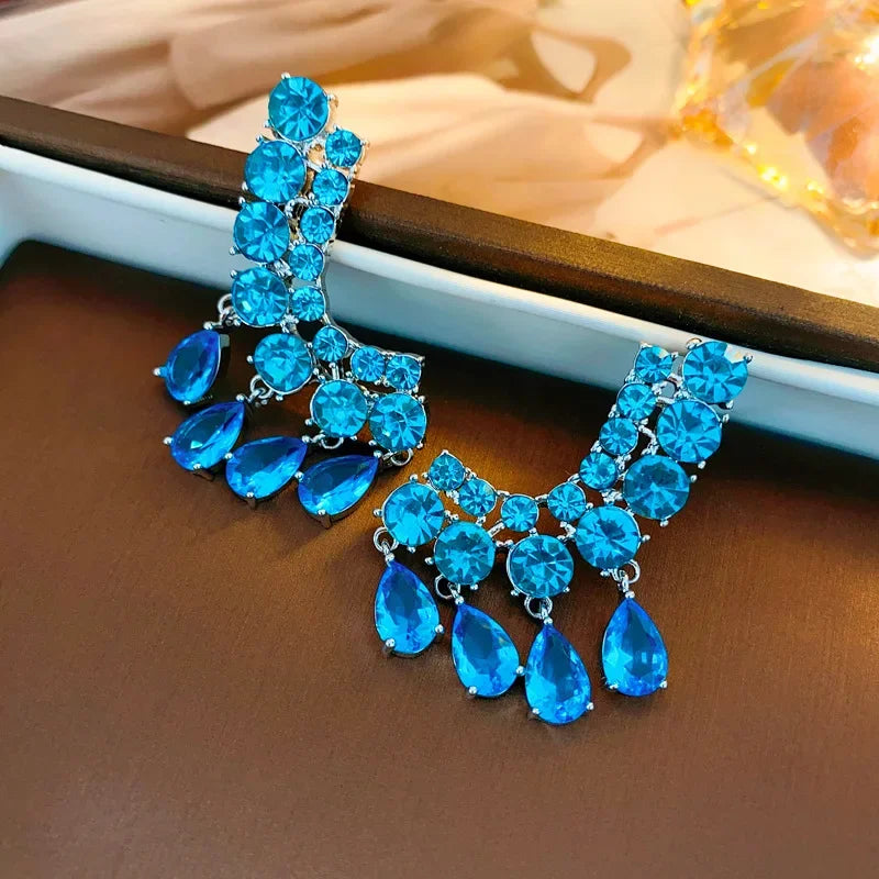 French Exquisite Bling Sea Blue Zircon Earrings Luxury Silver Color Shiny Crystal Trendy Jewelry for Women Gift INS