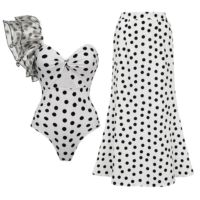 Women's Swimsuit Set Vintage Ruffle Dot Printed One Piece Vacation Swimwear Woman Beachwear Luxury Bathing Suit tankini