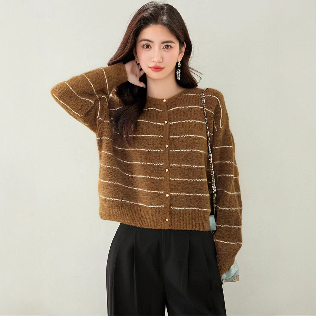 French Style Chic Stripe Sweater for Women, Autumn/Winter Retro Lazy Fashion Knitted Cardigan