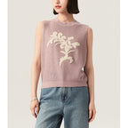 Lightweight Knit Sleeveless Top with Embroidery and Color-block Pattern, Elegant Summer Style