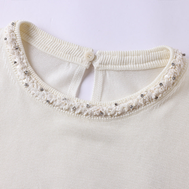 Fashion Embellished Beaded Round Neck Solid Color Knit Short Sleeve T-Shirt for Women Summer Stylish Slim Fit Top