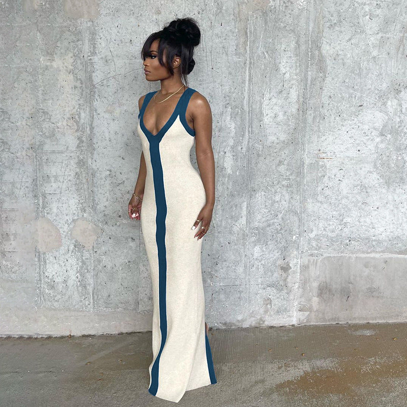 Sexy Color Blocking Maxi Dresses Women Hipster V-neck Sleeveless Split Bodycon Dress Summer Beach Vacation Clothing