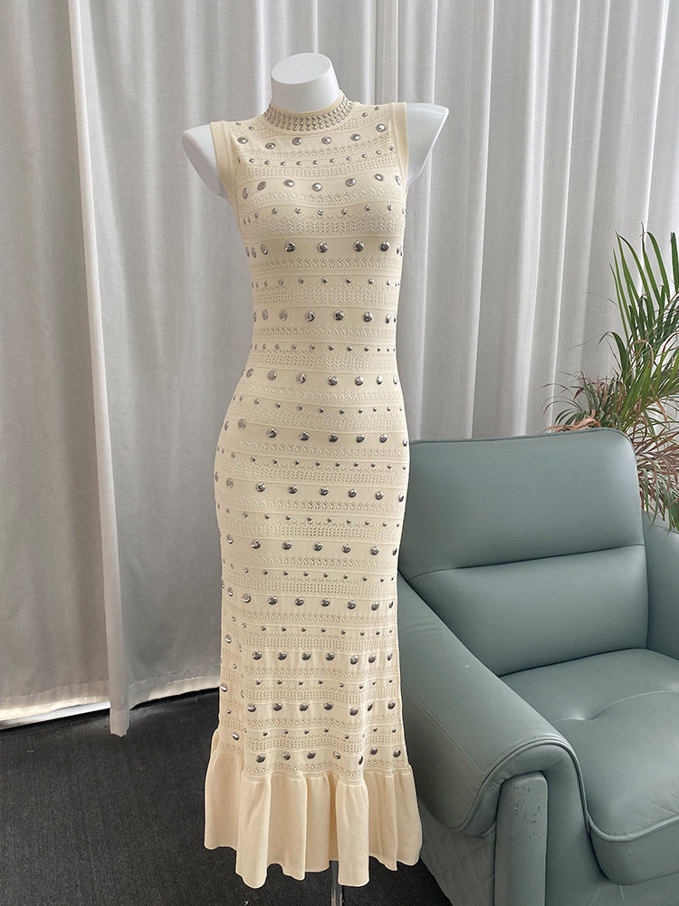 Blue Yinying Style S Brand French Classic Hepburn Style Embellished Stud Ruffle Hem Dress Evening Gown