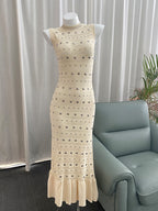 Blue Yinying Style S Brand French Classic Hepburn Style Embellished Stud Ruffle Hem Dress Evening Gown