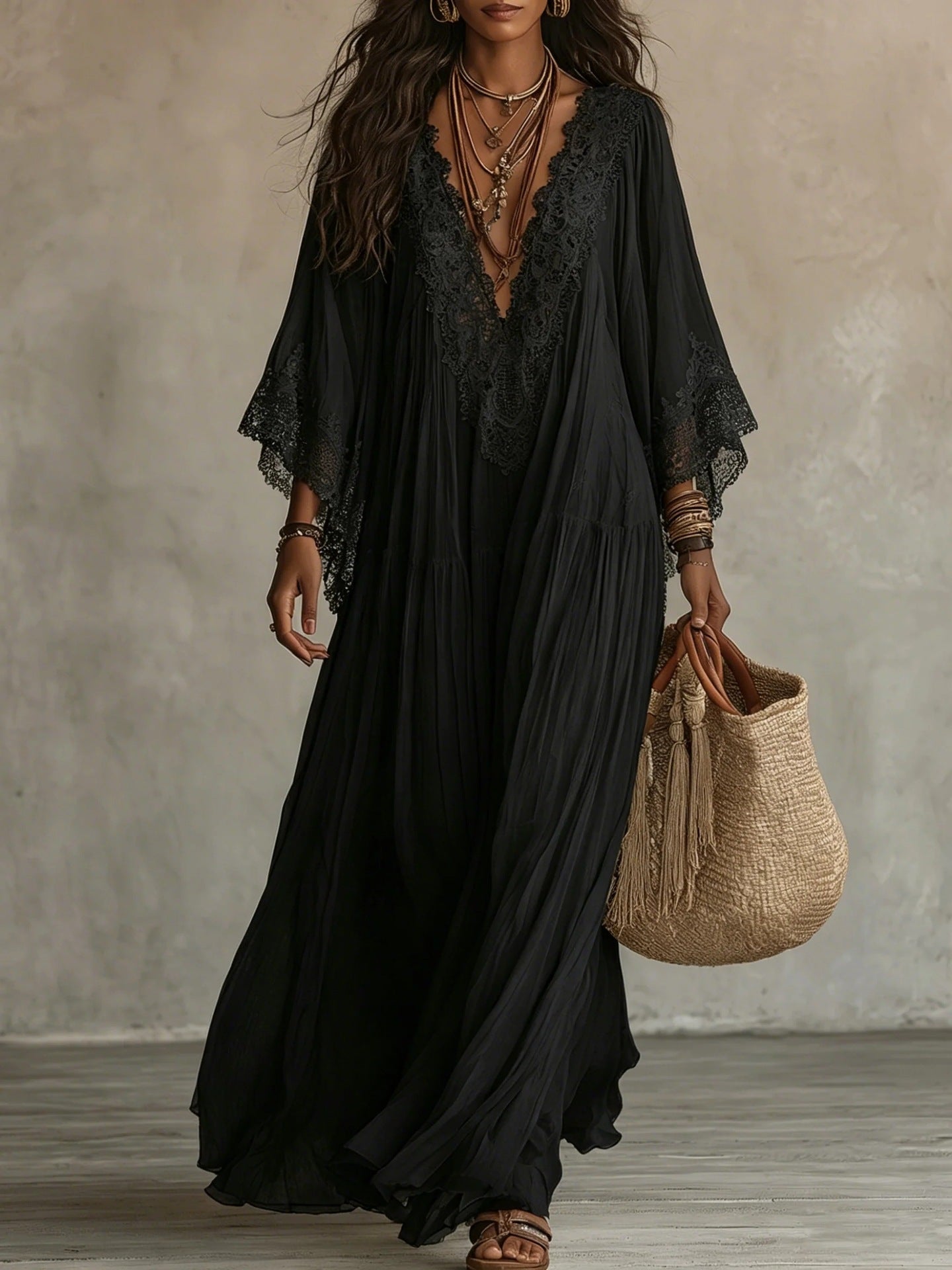 Lace patchwork V-neck long vacation beach dress