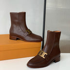 Metal Buckle Low Heel Genuine Leather Chelsea Boots Winer Dress Shoes Women's Short Boots