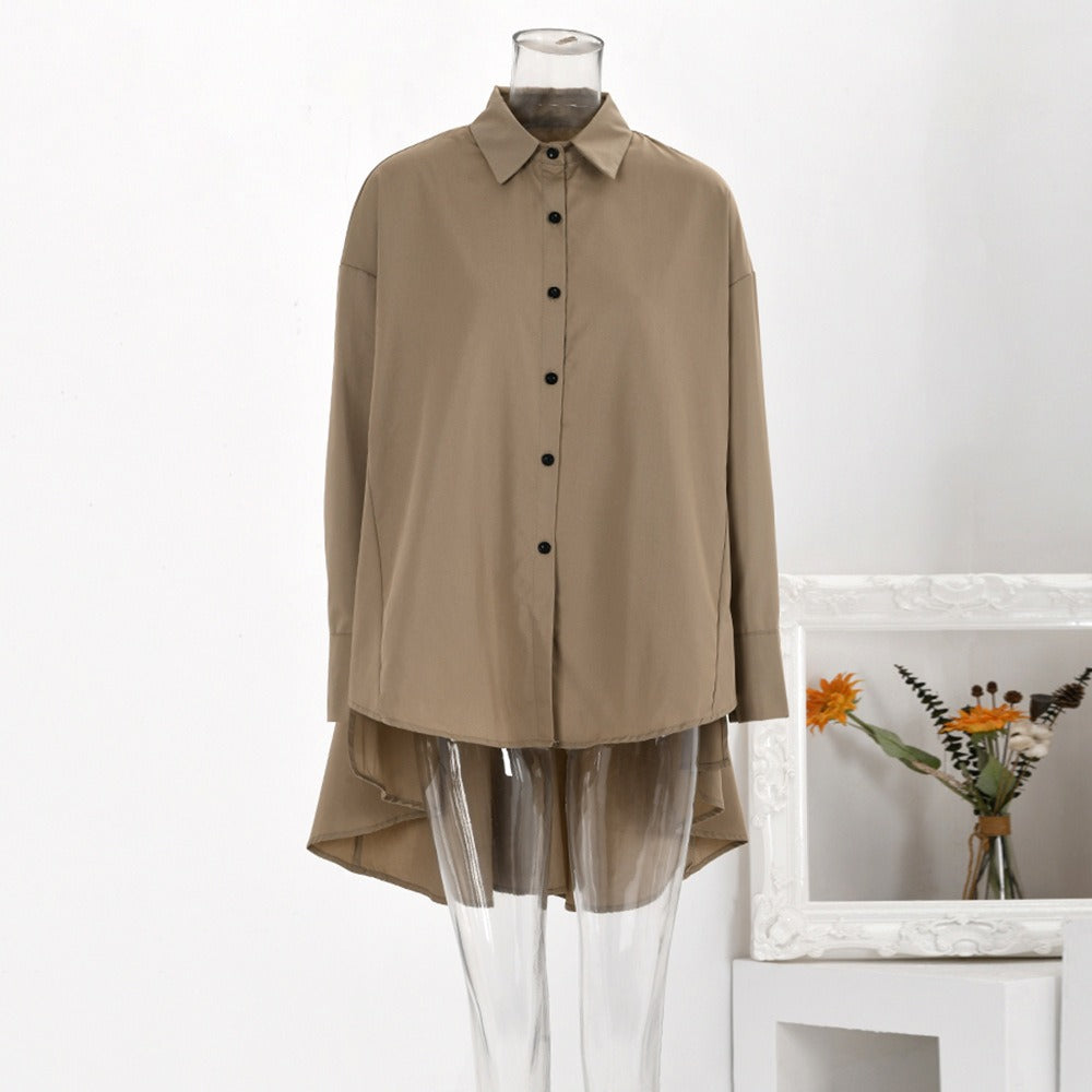 Simple silhouette temperament irregular long-sleeved shirt women's spring new casual single-breasted lapel shirt