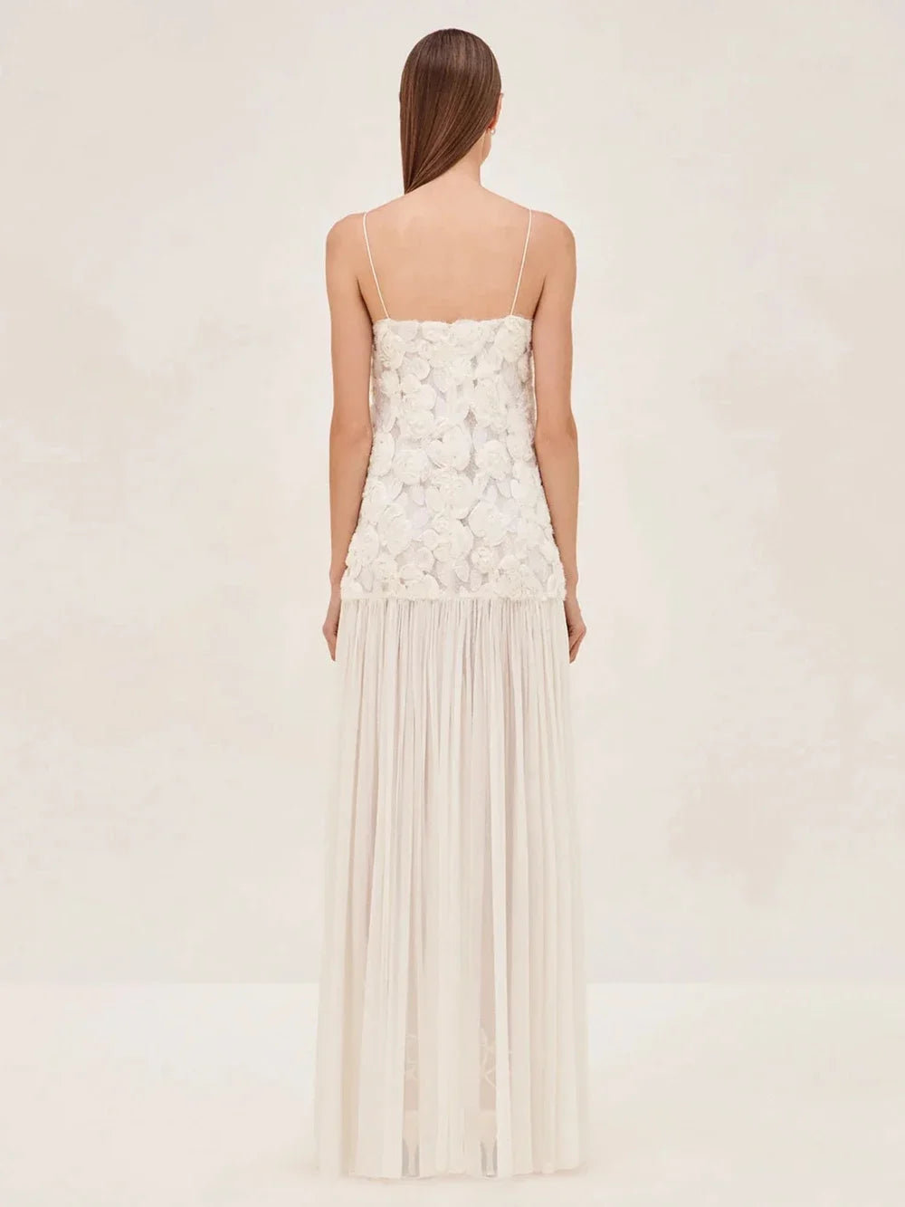 Summer New Women's Sexy Spaghetti Strap Sweet Three Dimensional Rose Flower Patchwork Chiffon Pleated Dress Long Dress