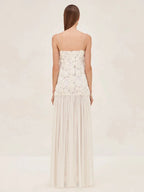 Summer New Women's Sexy Spaghetti Strap Sweet Three Dimensional Rose Flower Patchwork Chiffon Pleated Dress Long Dress