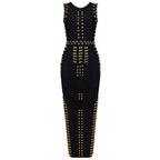 White Sleeveless Metal Ring Adorn Women's Bodycon New Fashion Midi Calf Bandage Dress