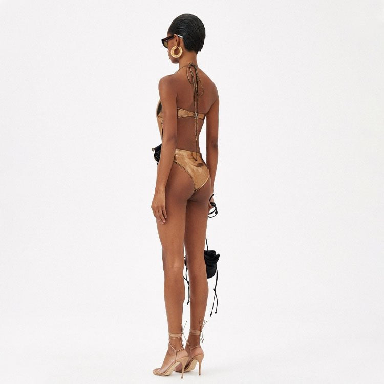Golden Handmade Flower Halter Cut-Out One-Piece Swimsuit for Women