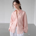 Linen-Blend Shirt Long Sleeve White Blouse Loose Fit Breathable and Cool