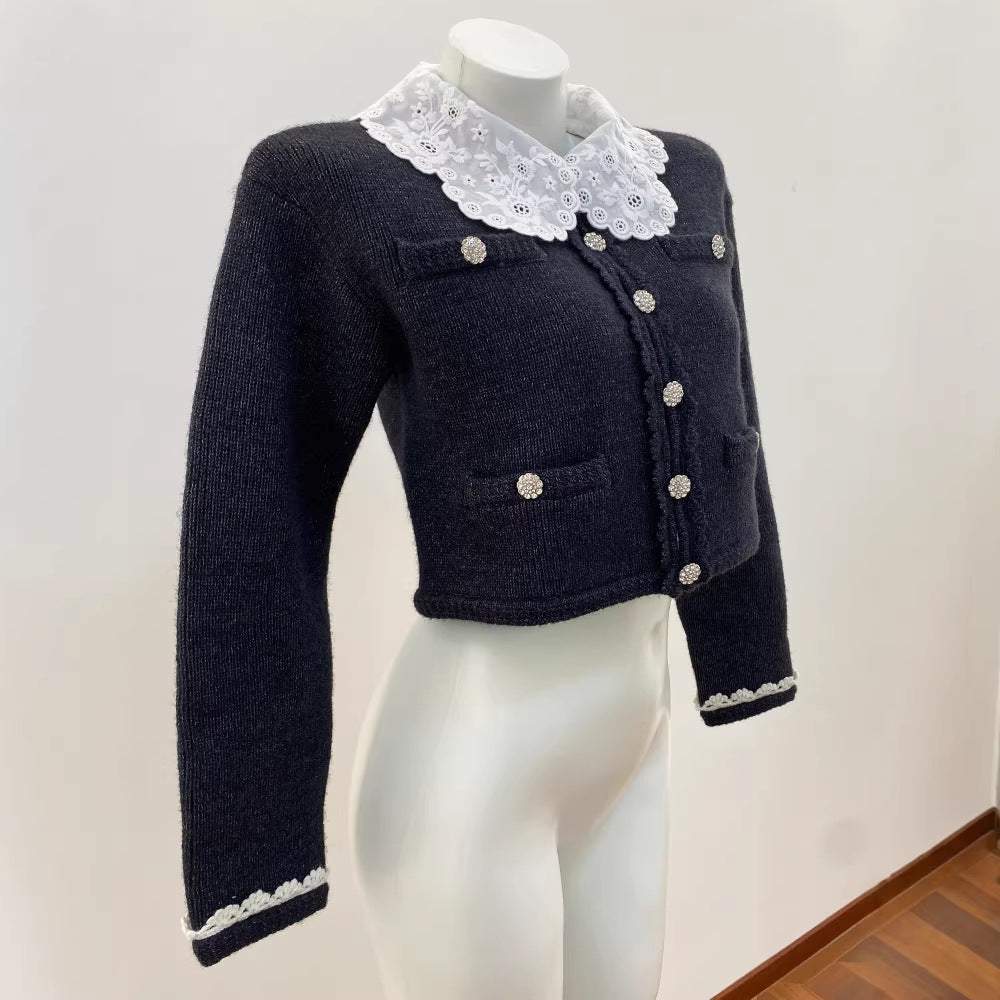 Chic Lace Detachable Peter Pan Collar Rhinestone Buttoned Short Sleeve Knit Sweater Coat for Women