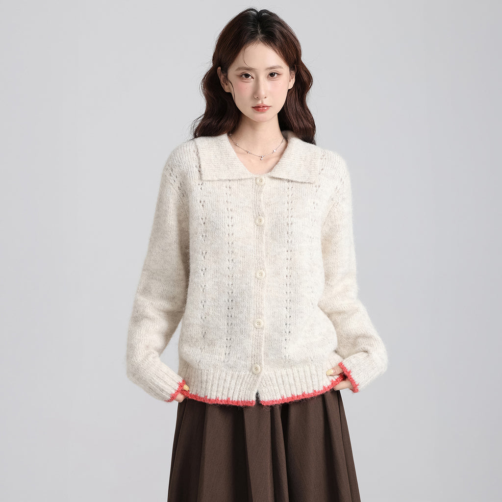 Collar Color-blocked Thick Knit Long Sleeve Cardigan Sweater