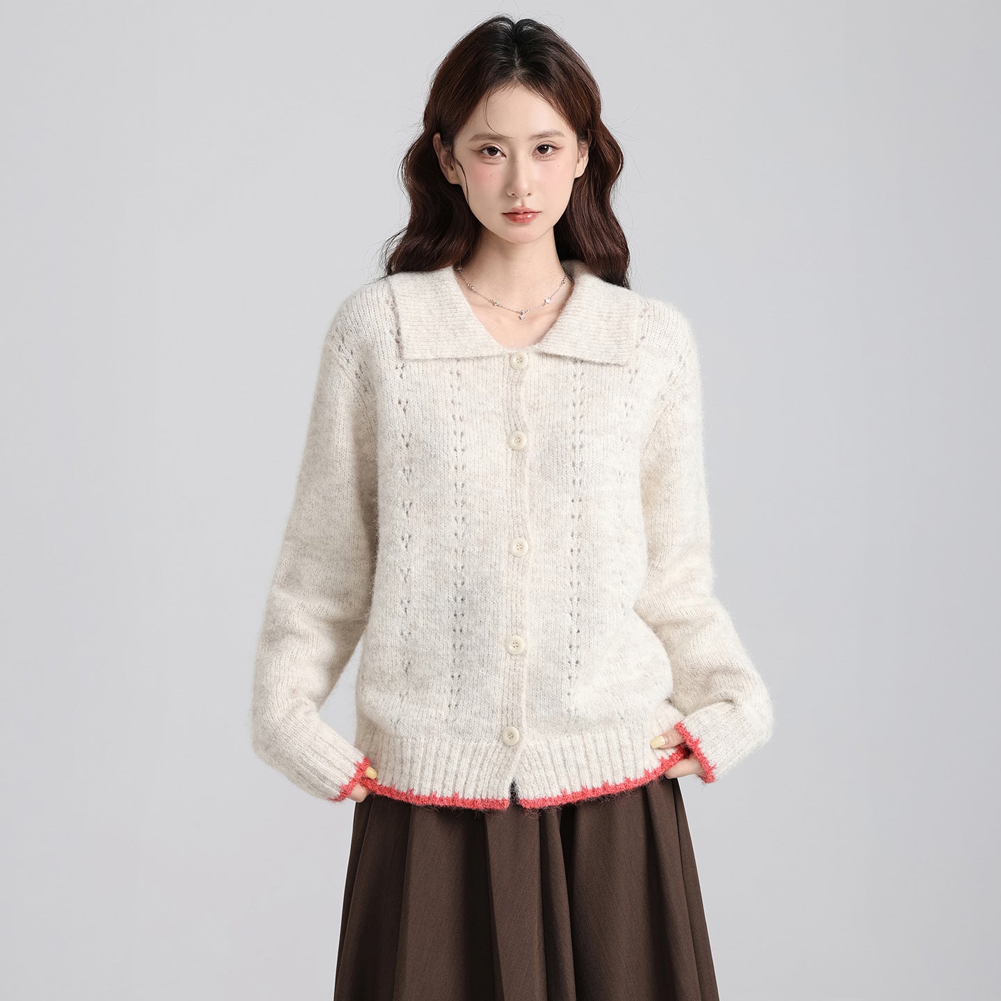 Collar Color-blocked Thick Knit Long Sleeve Cardigan Sweater