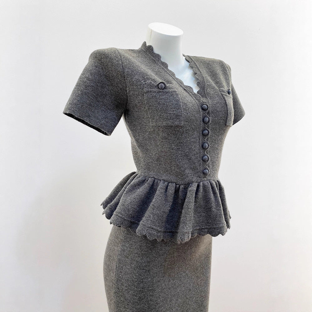 Elegant Gray Chiffon Office Dress for Petite Women, Slim Fit, Spring Casual Wear