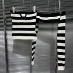 Color blocking striped sexy one shoulder knitted sweater for women spicy girl off shoulder slim fit long sleeved sweater
