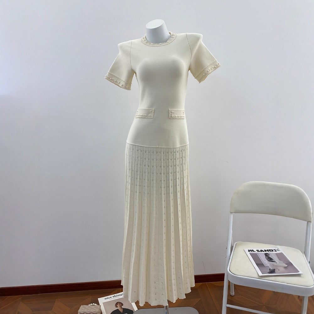 Customized Tea Dress with Embellished Beading Hollow Floral Pattern Short Sleeve Knit Women's Dress