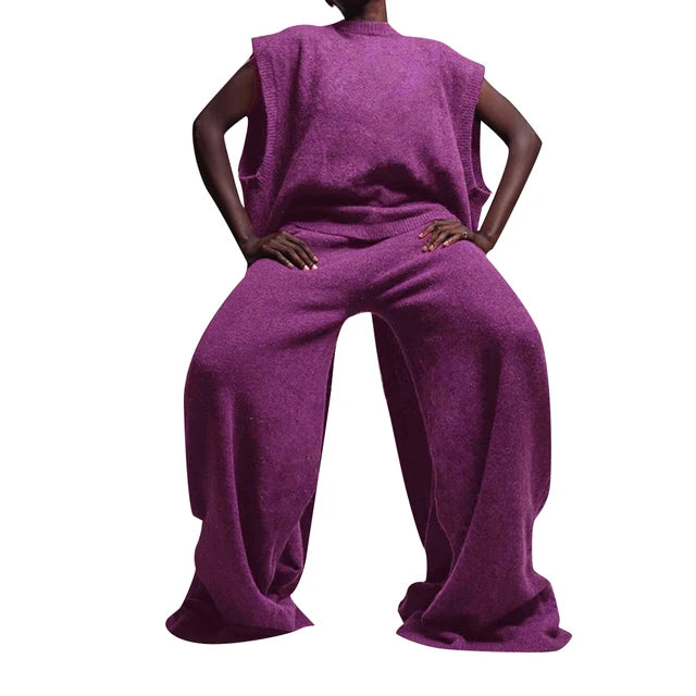 Women's fashionable and casual set consisting of a solid-color round-neck knitted top with a slit design and high-waisted straight-leg long pants