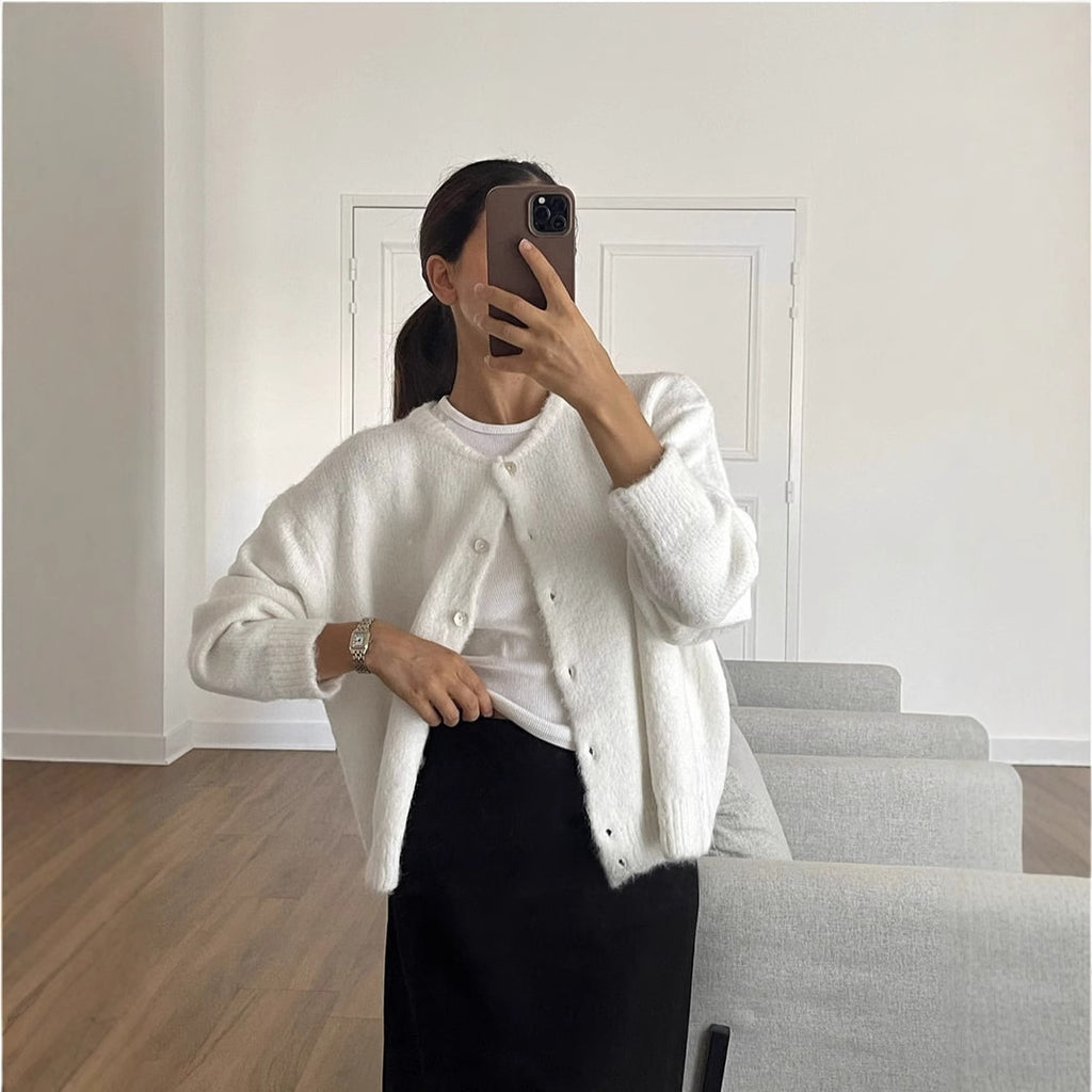 White Knit Cardigan Women's Vintage Shell Button Grey Wool Sweater Jacket Ins Style