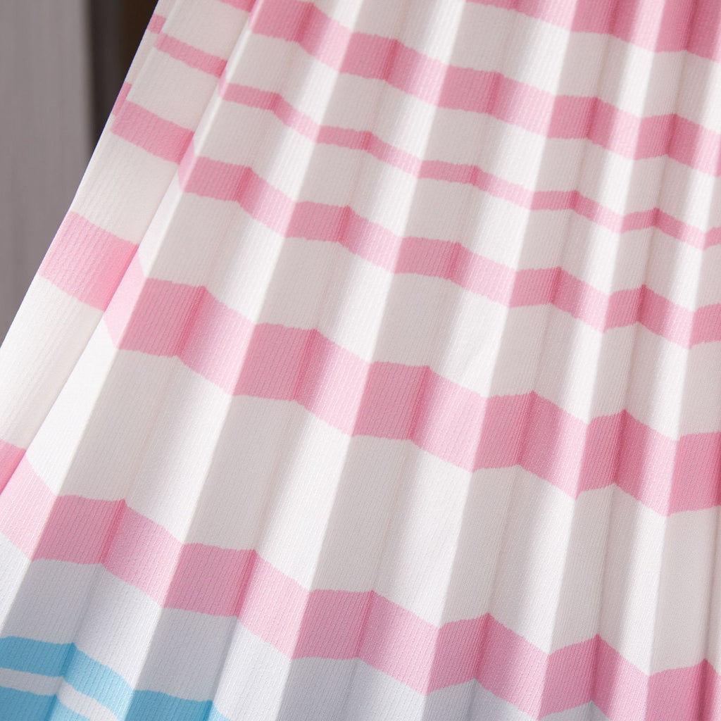 Pleated Pink Print 2 Pieces Set Loose T Shirt Color Block + A-line Skirts Women Luxury Clothes Spring Elegant