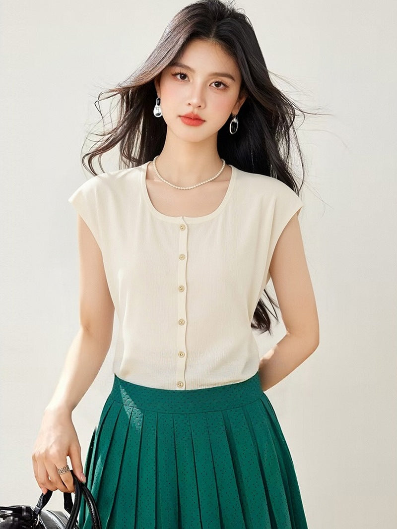Vintage Tweed Square Neck Short Sleeve Knit Top for Women Summer Unique Elegant Gold Single Row Button Cardigan