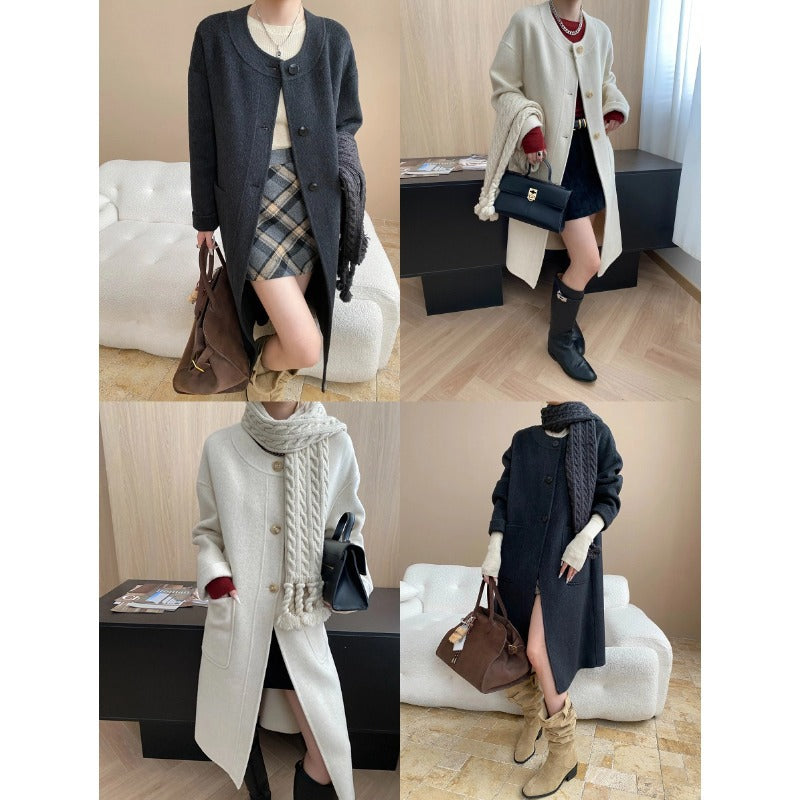 Classic Versatile Round Neck Cable Knit Loose Wool Double-Faced Cashmere Coat