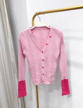 Designer Stylish Pink Patchwork V-Neck Flare Sleeve Single Breasted Slimy Tops Cardigans Knitting Buttons Casual Fashion