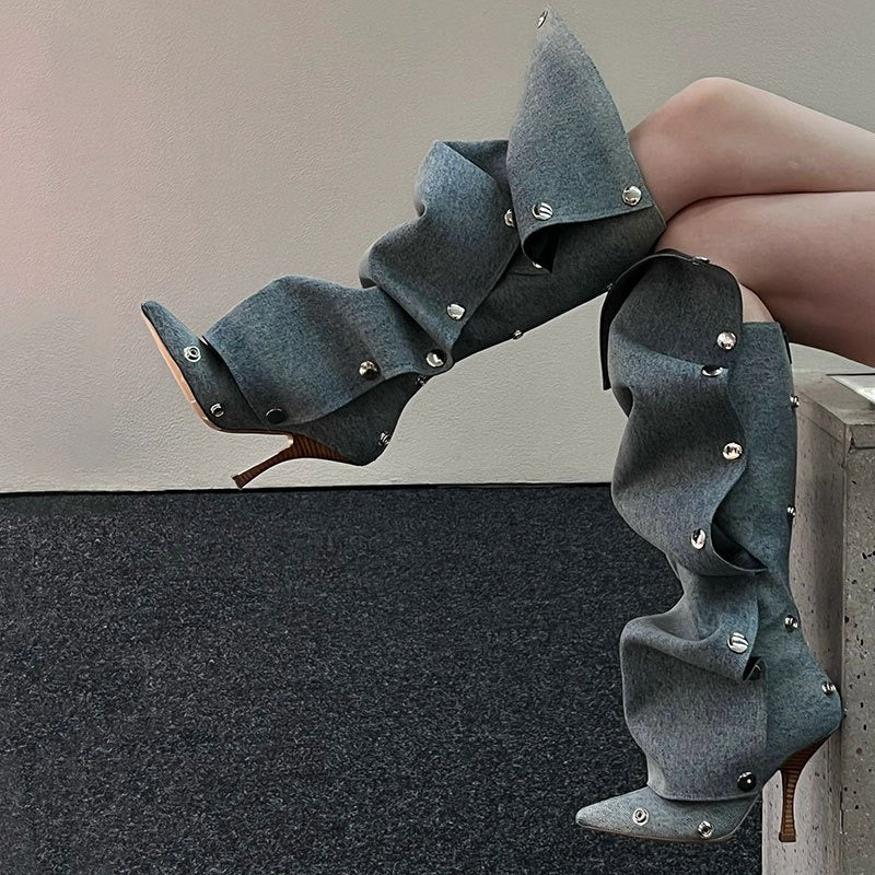 Stud Pleated Cowboy Boots Pointed Toe High Heels Blue\Brown Knee High Boots Sexy Luxury Runway Zip Shoes for Women Fall