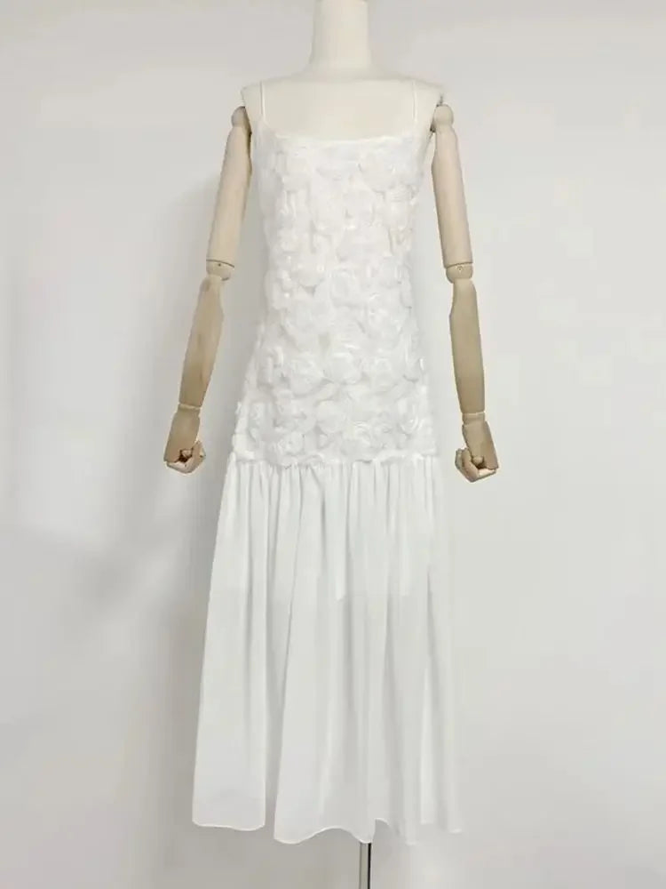 Summer New Women's Sexy Spaghetti Strap Sweet Three Dimensional Rose Flower Patchwork Chiffon Pleated Dress Long Dress