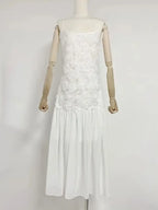 Summer New Women's Sexy Spaghetti Strap Sweet Three Dimensional Rose Flower Patchwork Chiffon Pleated Dress Long Dress