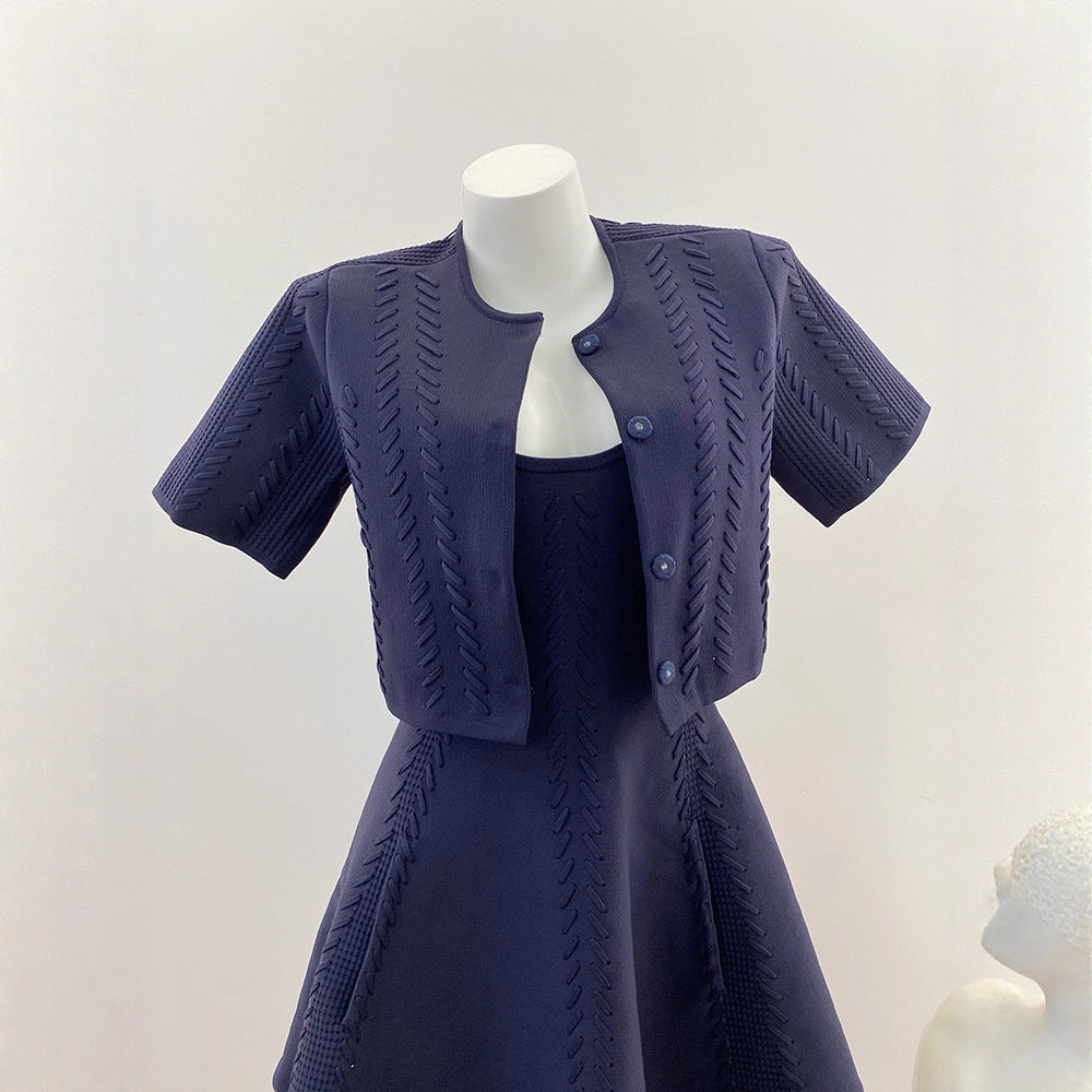Belted Vintage Design Strap Dress + Short Sleeve Cardigan