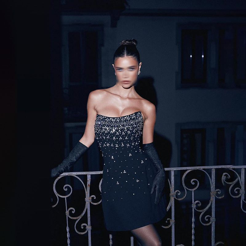 Elegant Black Luxury Heavy Embroidery Beaded Little Black Dress New Arrival Strapless Waist-Cinching Dress for Women Summer