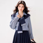Graceful striped long-sleeve shirt for women, navy blue skirt, campus style two-piece set