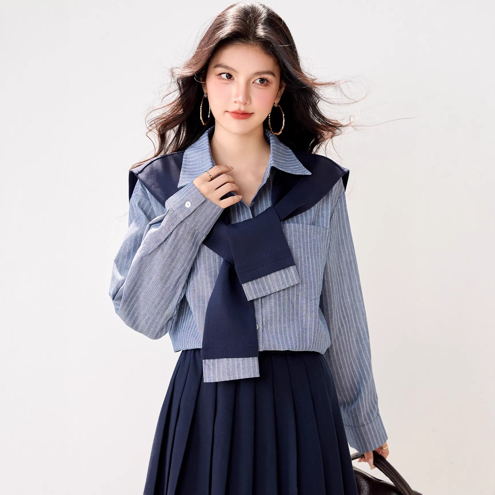 Graceful striped long-sleeve shirt for women, navy blue skirt, campus style two-piece set