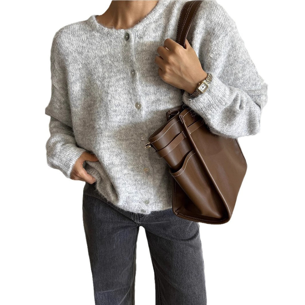 White Knit Cardigan Women's Vintage Shell Button Grey Wool Sweater Jacket Ins Style