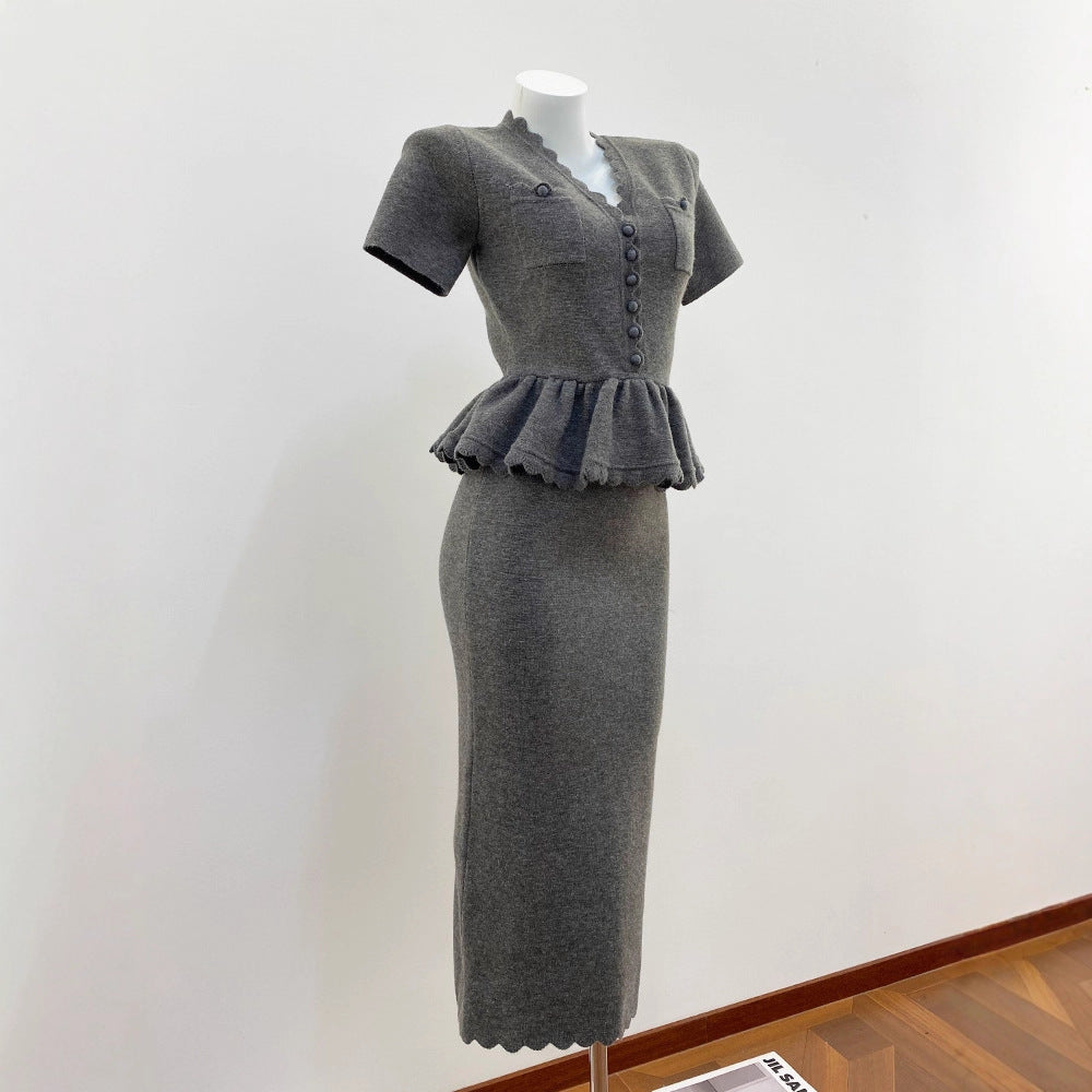 Elegant Gray Chiffon Office Dress for Petite Women, Slim Fit, Spring Casual Wear