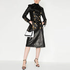New Winter Luxury Design Double Breasted Black PU Leather Long Coats for Ladies Quality Street Women Trench with Belt