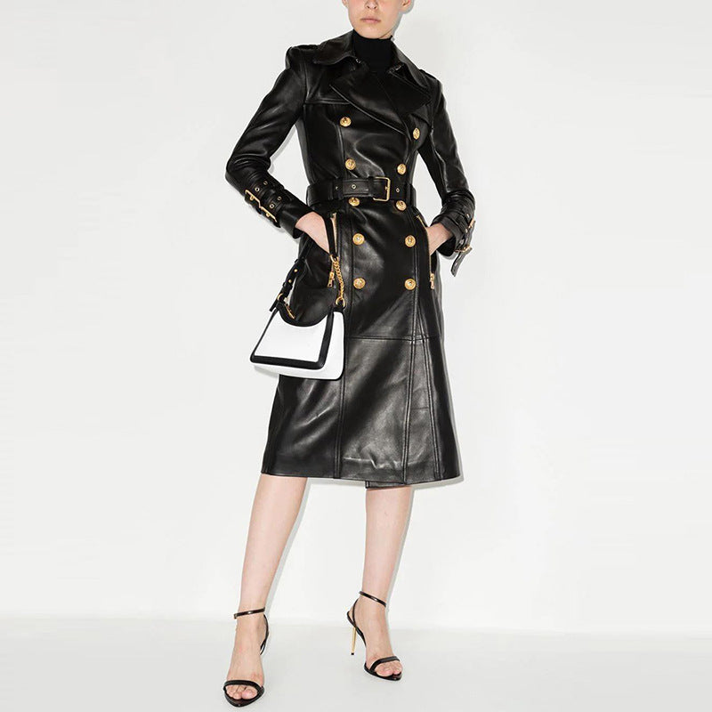 New Winter Luxury Design Double Breasted Black PU Leather Long Coats for Ladies Quality Street Women Trench with Belt