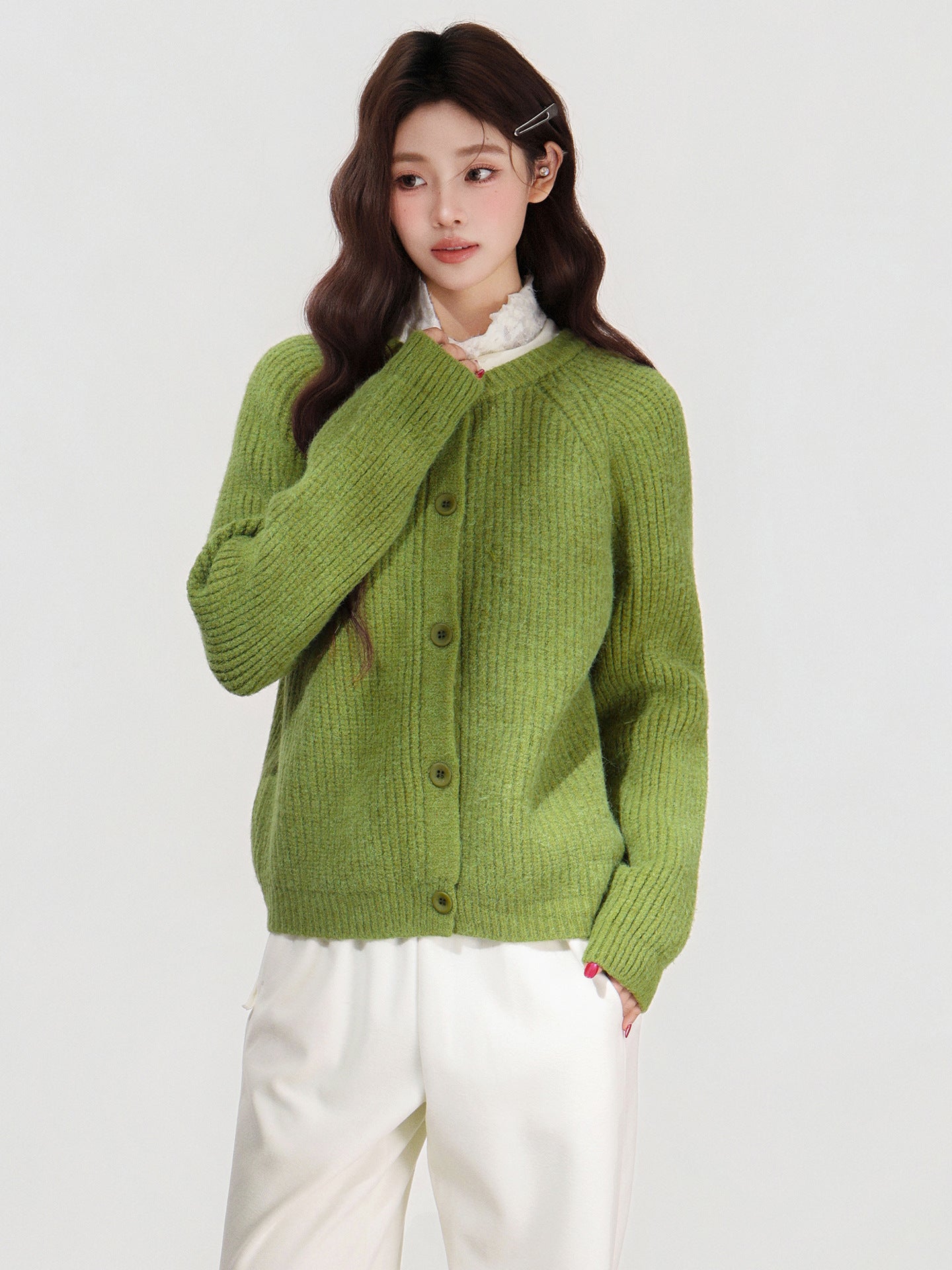 Round Neck Raglan Sleeve Knit Cardigan Sweater