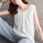 Elegant Pure Linen Round Neck Sleeveless Top for Women with Front Panel Gored Design Pure Color Charming Strapless Top