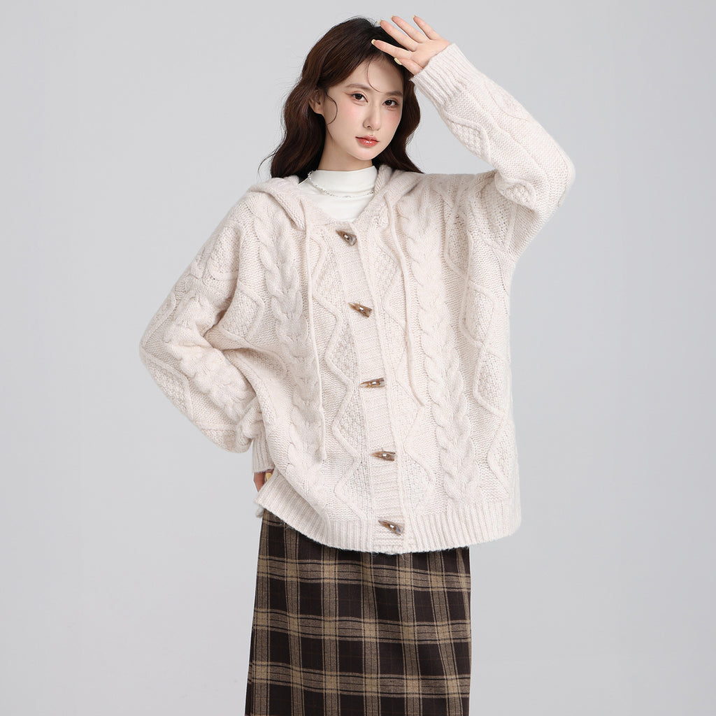 Beige Thick Knit Hooded Cardigan Sweater